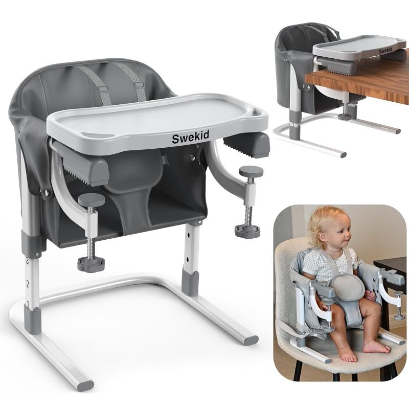 Photo 1 of 3-in-1 Portable High Chair for Babies & Toddlers, Baby Hook Clip on Fast Table Chair w/PU Leather, Adjustable Height, Kids Booster Seat with Tray, Perfect for Dining Table Travel Camping Beach