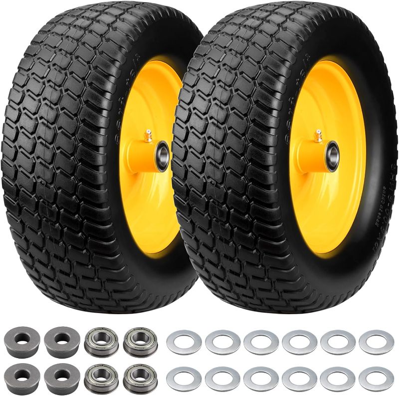 Photo 1 of 15x6.00-6nhs Lawn Mower Tires Flat Free, 2 Pcs 15x6-6 Tire and Wheel with 3/4" & 5/8" Precision Bearings -1" Bushings & 3" Offset Hub Compatible with John Deere Husqvarna Riding Mowers Lawn Tractors
