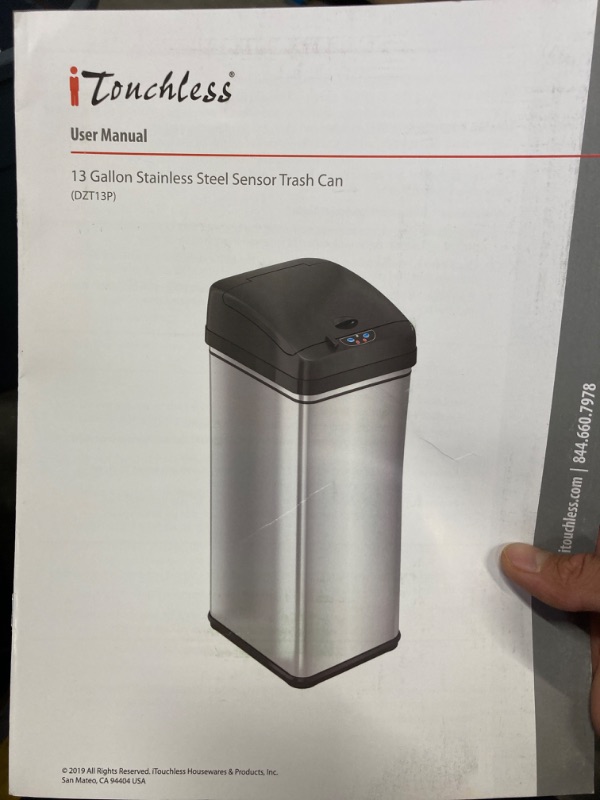 Photo 2 of *** PARTS ONLY ***  **** LID DONT WORK ***iTouchless 13 Gallon Automatic Trash Can with Odor-Absorbing Filter and Lid Lock, Power by Batteries (not included) or Optional AC Adapter (sold separately), Black / Stainless Steel