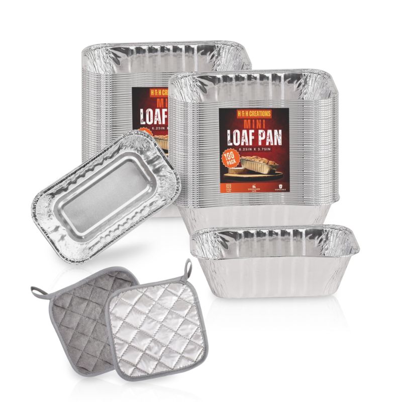 Photo 1 of 100 Pack 1 LB Disposable Mini Loaf Pans with Hot Pads 6.25” x 3.75” x 1.75” 1 Pound Aluminum Foil Loaf Pans and Pot Holders Mini Bread Tins