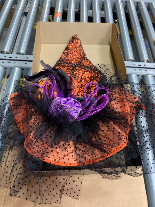 Photo 2 of  Orange LED Light Witch Hats for Women - Fancy Light Weight Halloween Witch Hat with Cute Lace and Large Hat Brim Costume Size: 20 inch Creepy Orange Spider Web