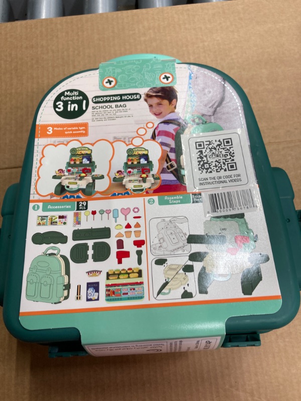 Photo 2 of  3 in 1 Shopping Bag Backpack - 29 PCs Grocery Store Pretend Play | Food Vendor Kids Pretend Play Toy with Weighing Scale, Ice Cream Cones, and Lollipops | Toddler Pretend Play Bag