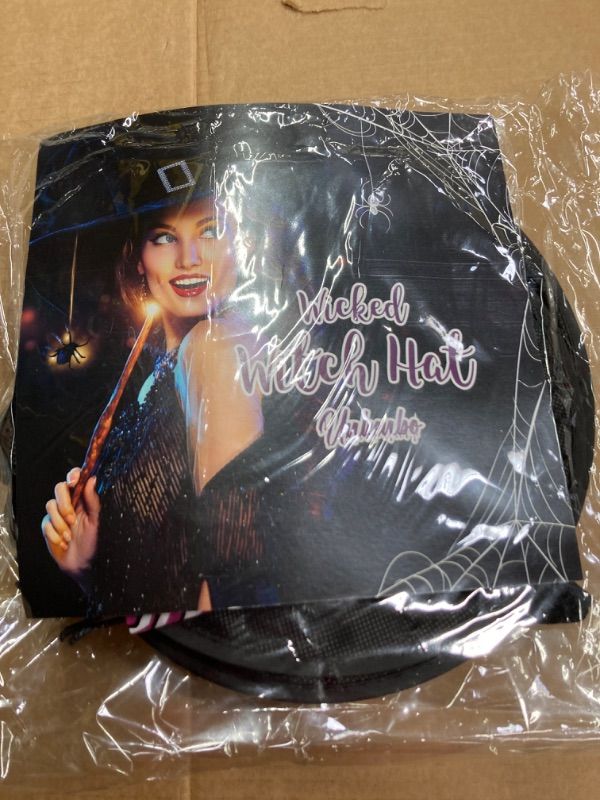 Photo 1 of Halloween Glowing Spider Web Witch Hats - Large Black Velvet Witch Hat with Fake Spider and Glow in the Dark Spider Webs Halloween Decorations Witch hat