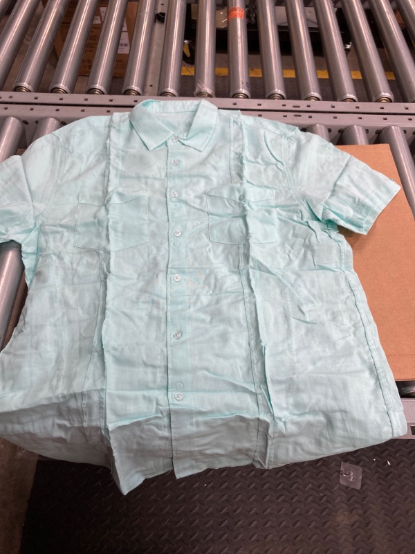 Photo 2 of Men's Linen Shirts Short Sleeve Button Up Cuban Casual Summer Beach Guayabera Shirt Large Z3 Green2