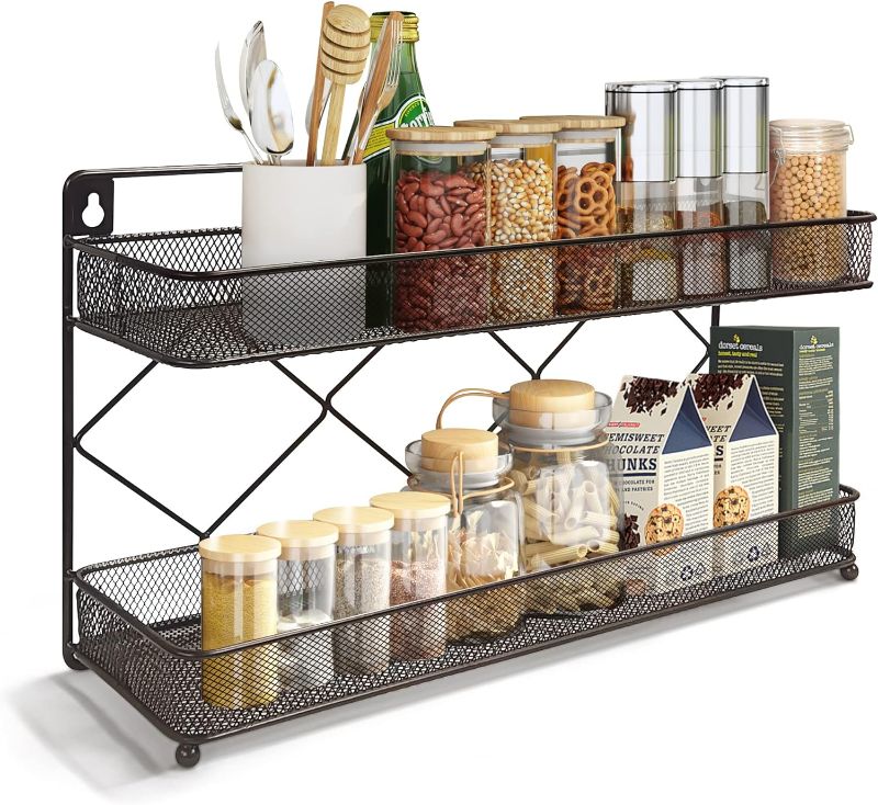 Photo 1 of 2 Tier Metal Kitchen Counter-top or Wall Mount Spice Rack, Jars Storage Organizer, Cabinet Holder, spice seasoning organizer for Partry (Bronze)
