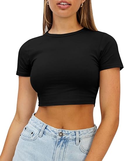 Photo 1 of WYNNQUE Womens Crop Tops Cute Summer Scoop Neck Basic Tees Slim Fit Trendy Short Sleeve T Shirts for Teen Girls 2024
