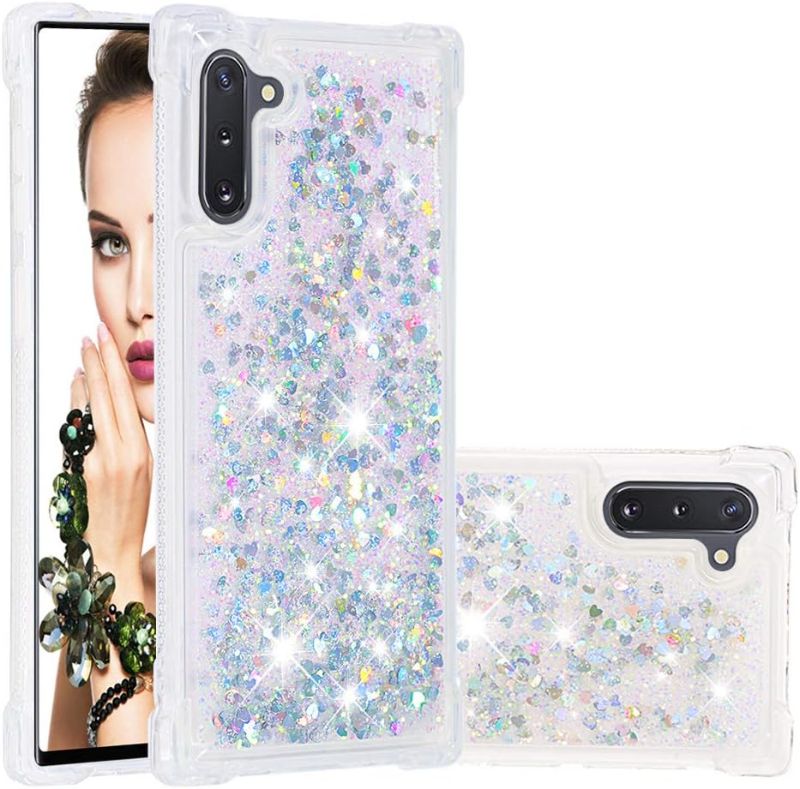 Photo 1 of Compatible with Galaxy Note 10 Case, Glitter Case Bling Sparkle Liquid for Women Girls Luxury Flowing Quicksand Clear Phone Case Cover for Samsung Galaxy Note 10 Silver Love YBW
