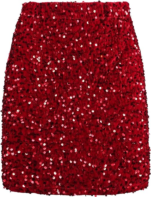 Photo 1 of REEMONDE Women's Sequin Skirt Sparkle Stretchy Bodycon Mini Skirts Night Out Party Large-X-Large Short Burgundy