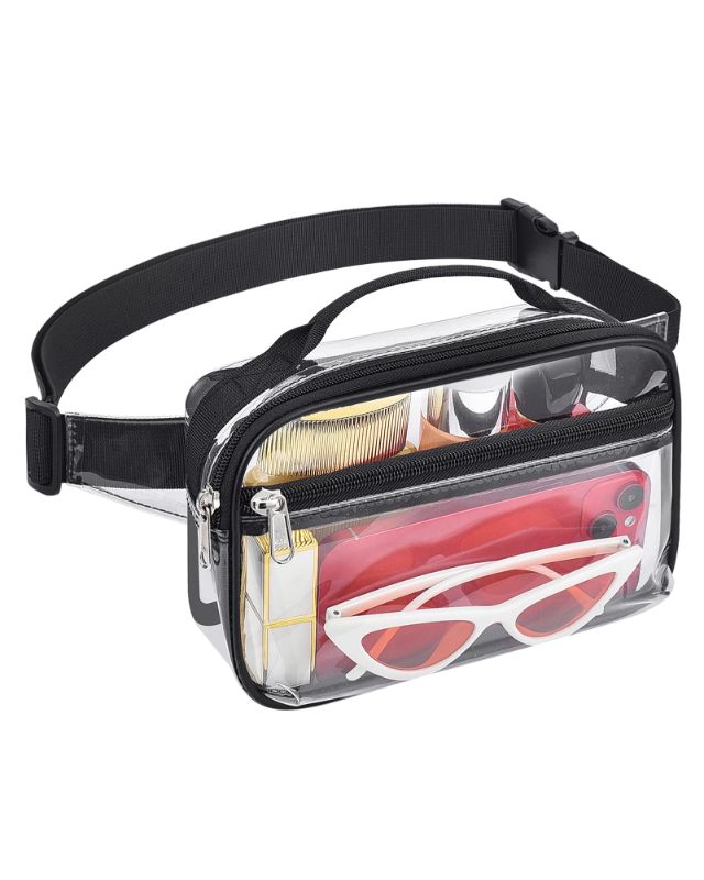 Photo 1 of ***BUNDLE 2 PACK*** Clear Fanny Pack Stadium Approved for Women and Men, 0.5MM Thickened Clear Fanny Pack for Concerts Festivals Sport Event School, Small Clear Belt Bag with Adjustable Strap - Black