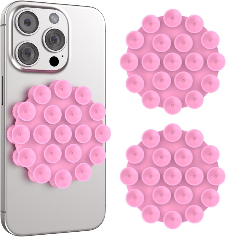 Photo 1 of 2 Packs of for Suction Cup Phone Mount, Double Sided Strength Adsorption Silicon Suction Cup Phone Case Holder for iPhone Android, Hands-Free Mirror Shower Phone Mount for Selfies and Videos, Peach Pink
