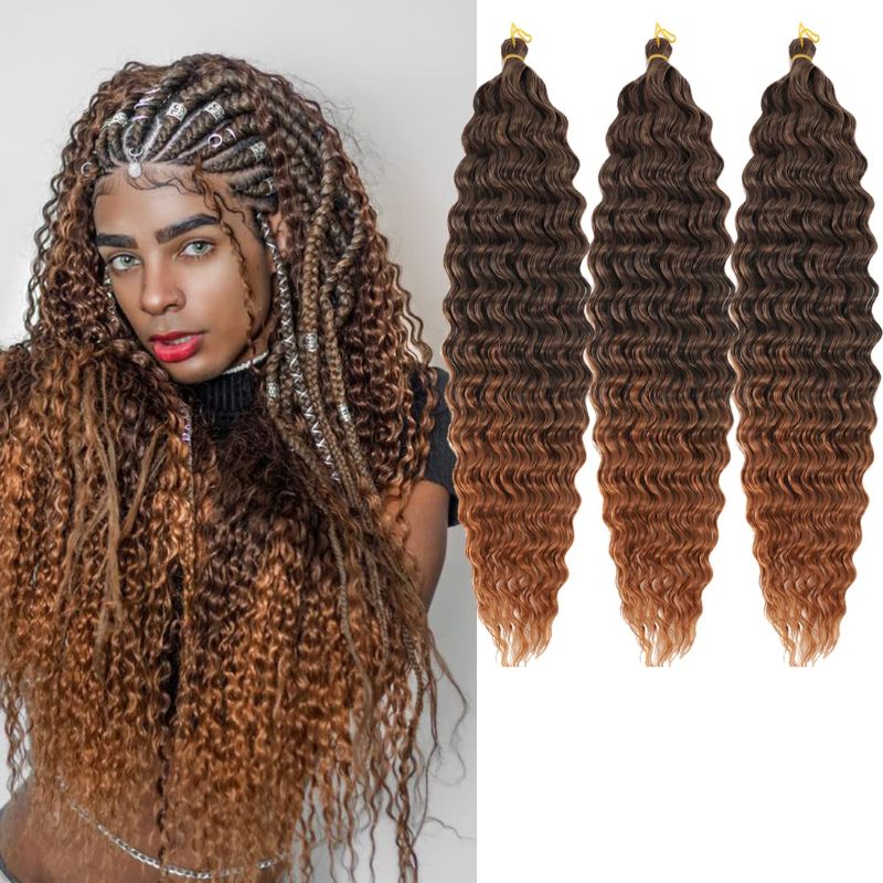 Photo 1 of 24 inch Ocean Wave Crochet Hair Deep Wave Twist Crochet Hair Extensions Curly Braiding Hair 3 packs Long Wavy Water Wave Braids For Women Synthetic Crochet Braid Hair (24 inch, 1BTBrown)
