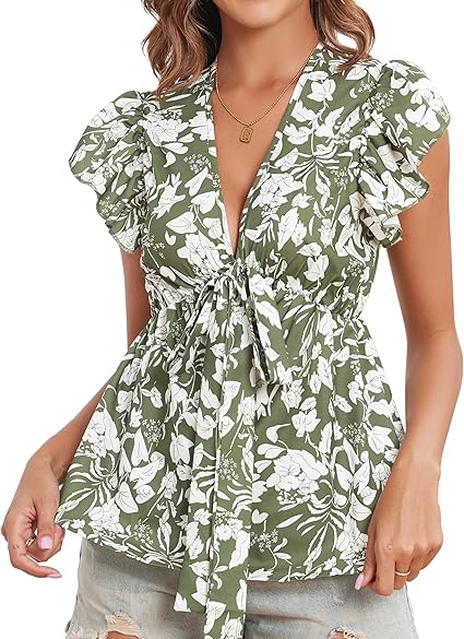 Photo 1 of Women's Summer Tops Floral Print Knot Front V Neck Butterfly Peplum Blouse Ruffle Flowy Dressy Tunic Shirts, SMALL