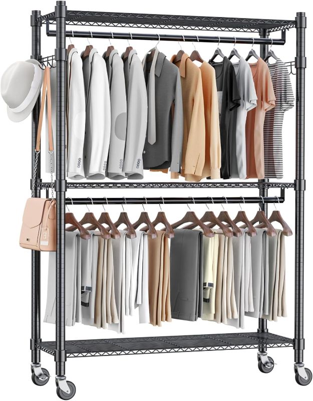 Photo 1 of Homdox Rolling Garment Rack with Double Rod, Heavy Duty Clothing Rack with Shelves, Portable Clothes Rack, Free Standing Wardrobe Rack, with Lockable Wheels & Hanging Hooks, Max Load 450 LBS, Black