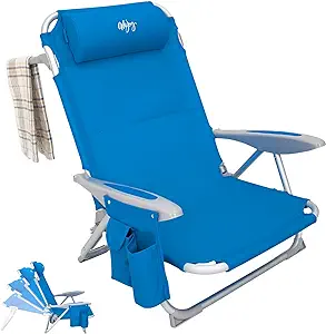 Photo 1 of #WEJOY Folding Beach Chair for Adults, 4-Position Aluminum Lightweight Beach Chair, Low Beach Chairs with Shoulder Strap, Cup Holder and Padded Headrest, Supports 265lbs for Beach Lawn, Blue