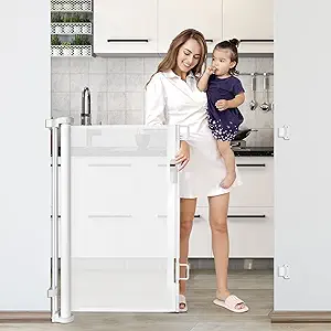 Photo 1 of 42-Inch Extra Tall Retractable Baby Gates 56" Wide Baby Gate Tall Dog Gate Indoor Outdoor Retractable Dog Gate Adjustable Pet Gate Dog Gates for The House Tall Baby Gate for Stairs, Doorways, White