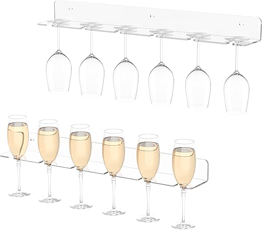 Photo 1 of Champagne Wall Holder for Party 50, Clear Acrylic Wall Mounted Wine Glass Holder, Under Cabinet Wine Glass Holder Rack