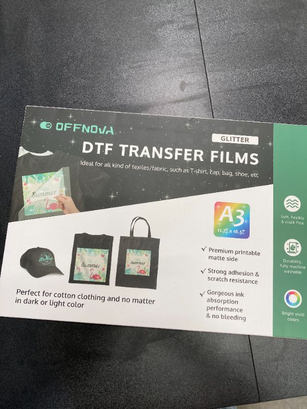 Photo 2 of OFFNOVA Glitter DTF Transfer Film, 11.7" x 16.5"- 30 Sheets A3 PET Heat Transfer Paper Direct to Film Printing for All Fabrics and Color T-Shirts Textile Glitter A3-30sheets