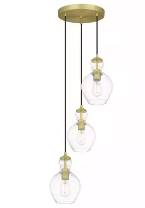 Photo 1 of home collection bakerston 3 light brushed brass hanging pendent with clear glass