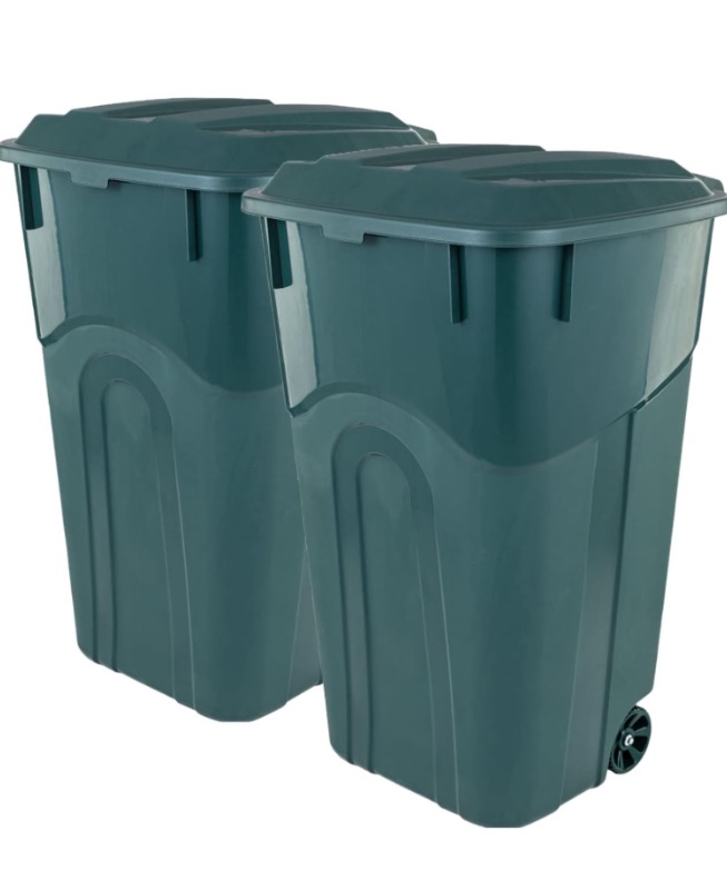 Photo 1 of ***TRASHCANS ARE WARPED, LIDS WILL NOT FIT CORRECTLY*** ECOSolution 32 Gallon Wheeled Outdoor Garbage Can with Attached Snap Lock Lid and Heavy-Duty Handles, ECO Green, Heavy-Duty Construction, Perfect Back Yard, Deck, or Garage Trash Can, Pack of 2