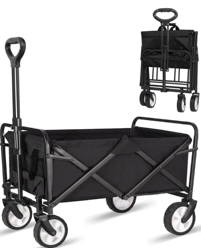 Photo 1 of Collapsible Foldable Wagon, Beach Cart Large Capacity, Heavy Duty Folding Wagon Portable, Collapsible Wagon for Sports, Shopping, Camping (Black, 1 Year Warrant)