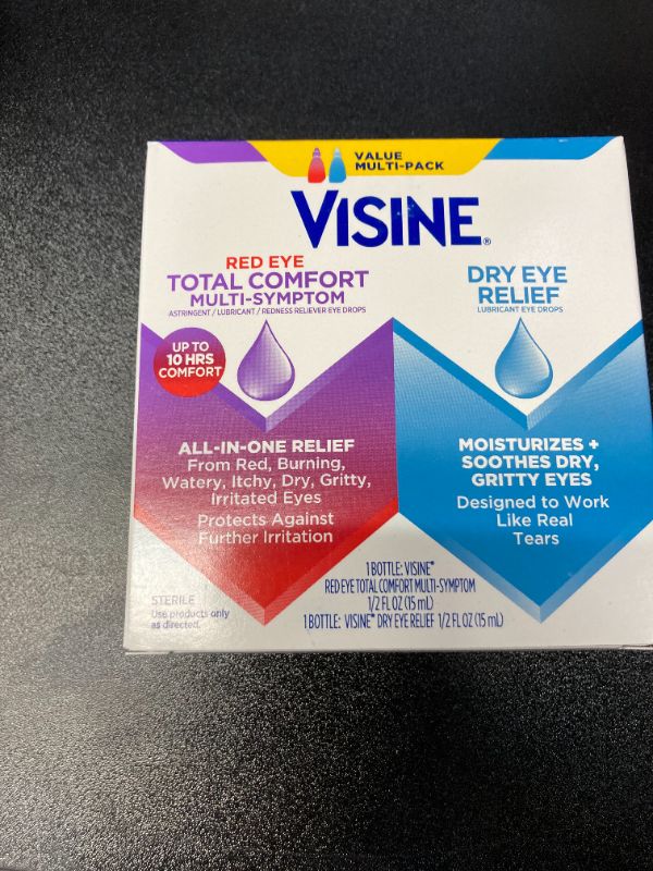 Photo 2 of Visine Red Eye Total Comfort Multi-Symptom & Dry Eye Relief Lubricant Eye Drops, 2 Items 1 Fl Oz (Pack of 1) Red Eye Total Comfort & Dry Eye Relief (Dual Pack)