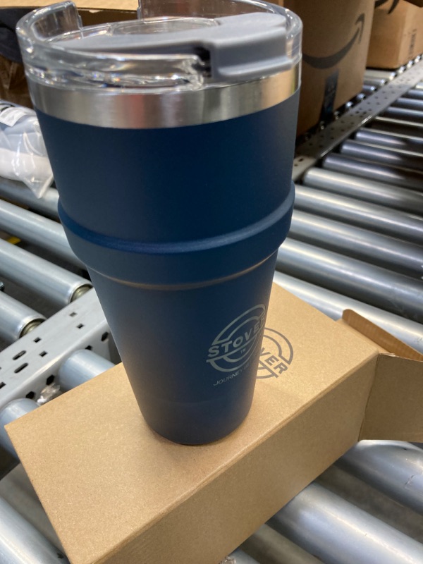 Photo 2 of STOVER 26oz Insulated Tumbler with Easy-Flip Lid, Stainless Steel Reusable Vacuum Iced Water Drinking Cup for Women Men (Navy Blue) 26oz Navy Blue