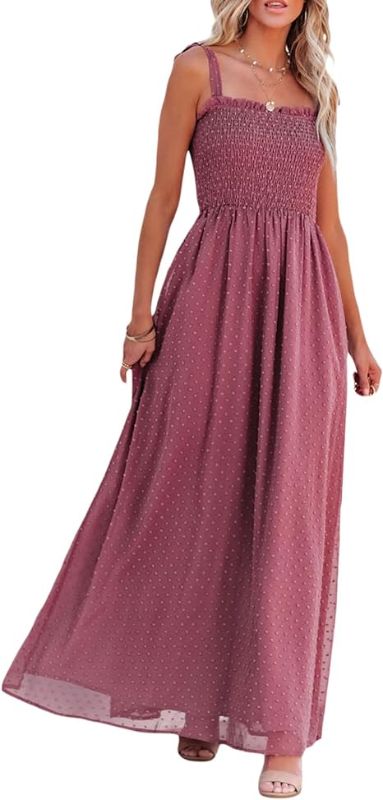 Photo 1 of MA&BABY Women's Bohemian Summer Maxi Dress Polka Dot Tie-Strap Spaghetti Strap Smocked Flowy Slit Long Dress
