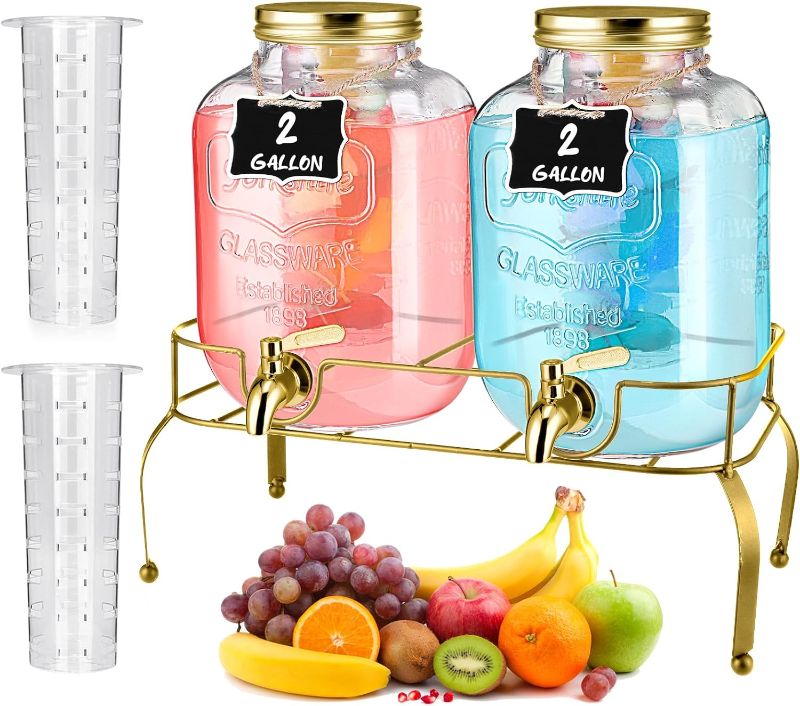 Photo 1 of 2 Pcs 2 Gallon Glass Drink Dispenser with Stand Ice Cylinder Hanging Chalkboard Signs 18/8 Stainless Steel Spigot Beverage Dispensers for Parties Mason Jar Drink Lemonade (Gold)
