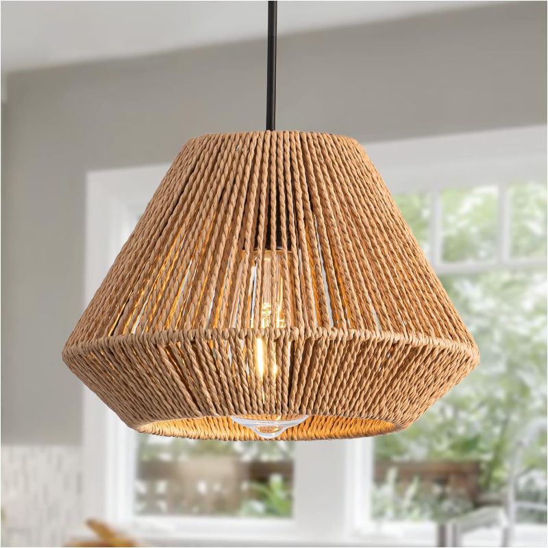 Photo 1 of Hand Woven Bamboo Pendant Light Vintage Farmhouse 9.64" Rattan Pendant Lighting Fixture Mini Retro Boho Wicker Pendant Light for Kitchen Island, Bedroom, Dining Room, Hallway, Living Room
