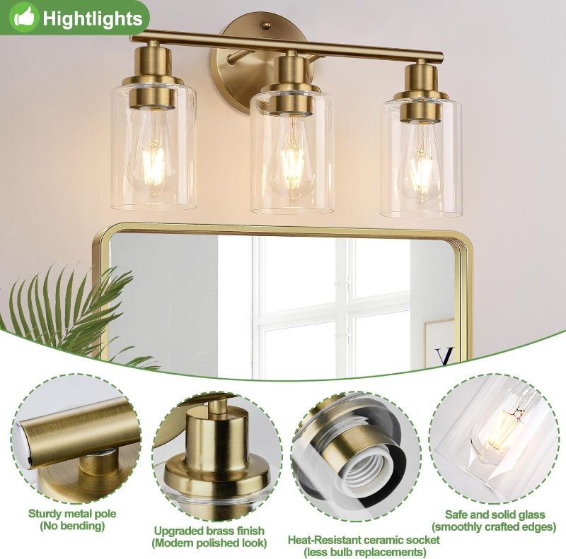 Photo 1 of 3-Light Bathroom Light Fixtures, Brushed Brass Bathroom Wall Lights, Modern Bathroom Vanity Light with Clear Glass Shade, Bathroom Wall Lamp for Mirror Kitchen Living Room Hallway Cabinet
