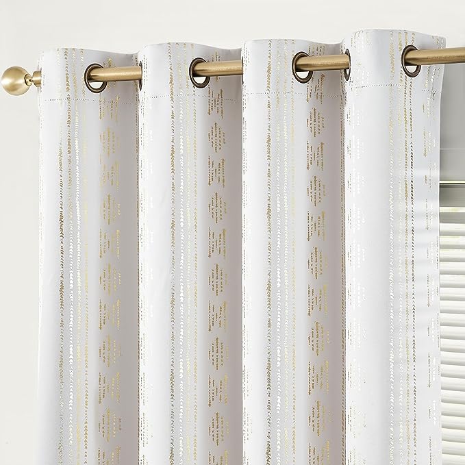 Photo 1 of *SIMILAR DESIGN**** ZHOCHI Linen Light Filtering Window Semi Sheer Curtain Panels Boho Stripe Metallic Print Natural Blend Drapes Grommets Top Semi Sheer Rustic Beige Farmhouse Window Treatment Set, 42"x84"x2, Gold/Beige 42"x84"x2 Gold