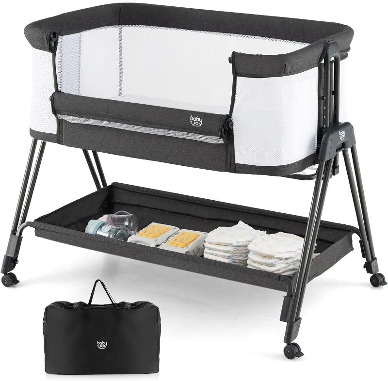 Photo 1 of BABY JOY Bassinet Bedside Sleeper, Easy Folding Crib w/All-Side Mesh, Storage Shelf, 7 Adjustable Heights, Mattress & Travel Bag for Safe Co-Sleeping, Portable Bed for Newborn Infant -Black
