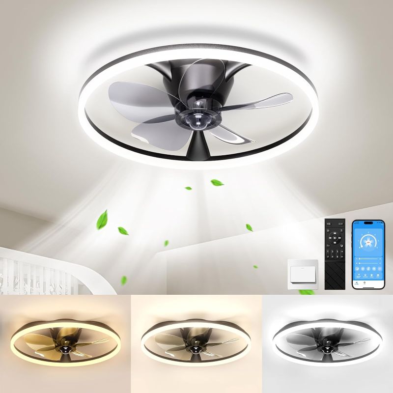 Photo 1 of ' Flush Mount Ceiling Fans with Lights and Remote, 150° Ultra Wide Low Profile Ceiling Fan with 6 Speeds, 3000-6500K Dimmable Led for Bedroom Livingroom, Black