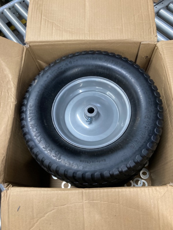 Photo 2 of (2-Pack) 16x6.50-8 Tire and Wheel Flat Free - Solid Rubber Riding Lawn Mower Tires and Wheels - With 3" Offset Hub and 3/4" Bushings - 16x6.5-8 Tractor Turf Tire Turf-Friendly 3mm Treads 16x6.50-8 Flat-Free (Offset Hub) Silver