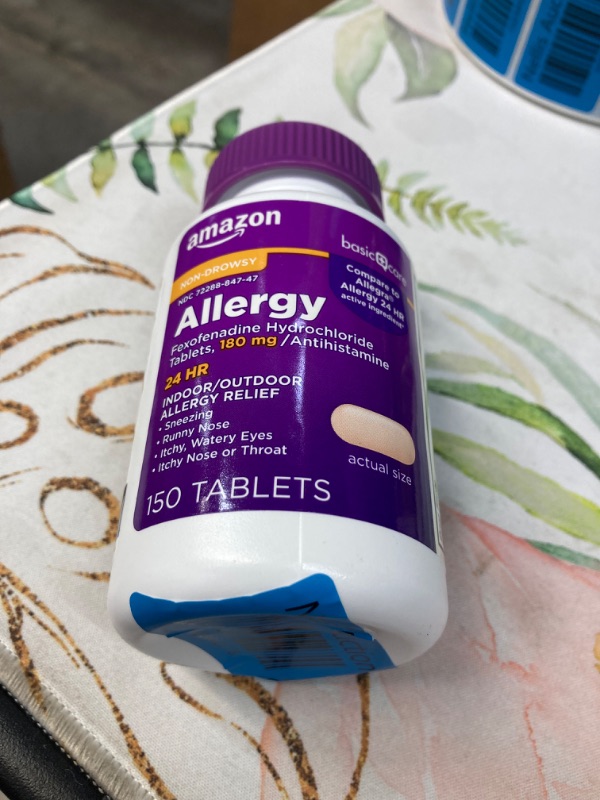 Photo 1 of Amazon Basic Care All Day Allergy Relief, Fexofenadine Hydrochloride Tablets, 180 mg, Antihistamine, Non-Drowsy, 24-Hour Relief, 150 Count Unflavored 150 Count