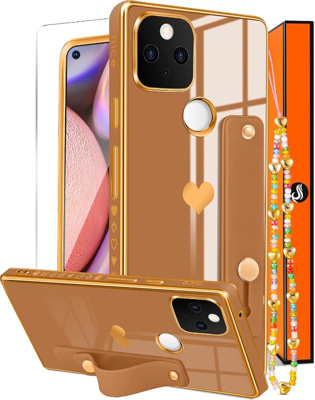 Photo 1 of **((2Pk Bundle)) Likiyami (3in1 for Google Pixel 5 Case Heart for Women Girls Girly Cute Luxury Pretty Aesthetic with Stand Phone Cases Brown and Gold Plating Love Hearts Cover+Screen+Chain for Pixel 5 5G 6.0 inch
