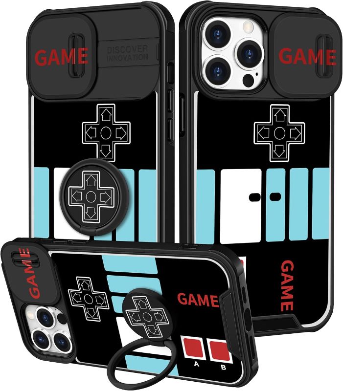 Photo 1 of (2in1 for iPhone 15 Pro Case for Boys Cute Cover Cool Fun Funny Cartoon Game Kids Girls Men Black Unique Design with Camera Cover and Ring Stand Funda for iPhone 15 Pro Phone Cases 6.1"
