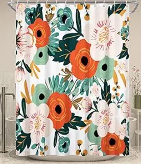 Photo 1 of GCIREC Floral Colorful Shower Curtain, Orange Red Poppy Flower Green Leaves Boho Plant Abstract Bathroom Curtain for Bathtub Home Decor Waterproof Fabric Machine Washable with Hooks,72" Wx72 L
