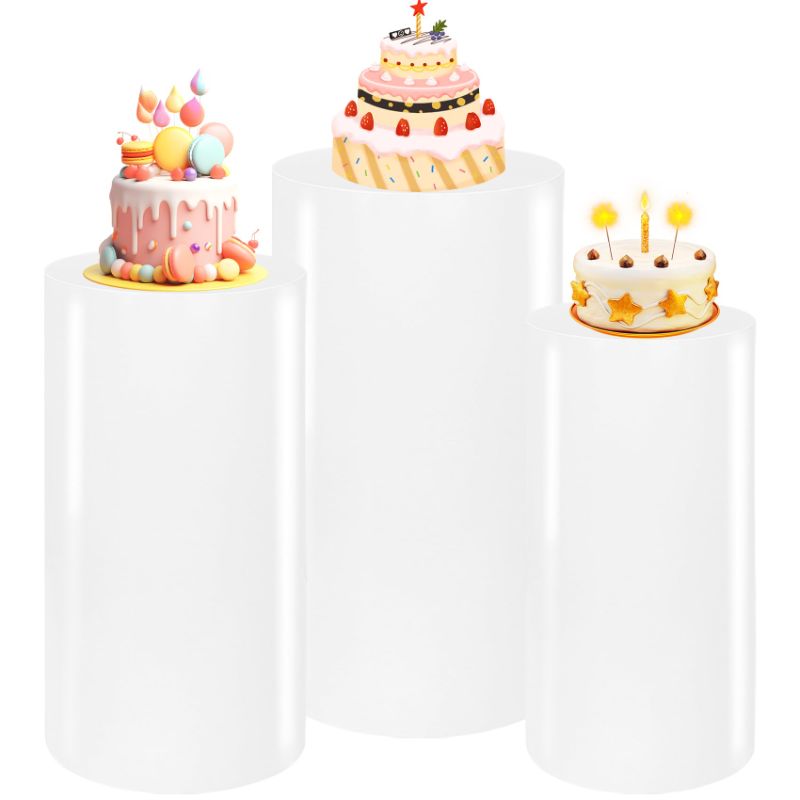 Photo 1 of 3PCS Metal Cylinder Pedestal Stands for Party White Round Dessert Tables Pedestal Display Plinth Pillars for Birthday Wedding Baby Shower Art Decor, Product Size and Quantity-You will get 3 different sizes of white Round Cylinder Stand Pedestal, about 19.