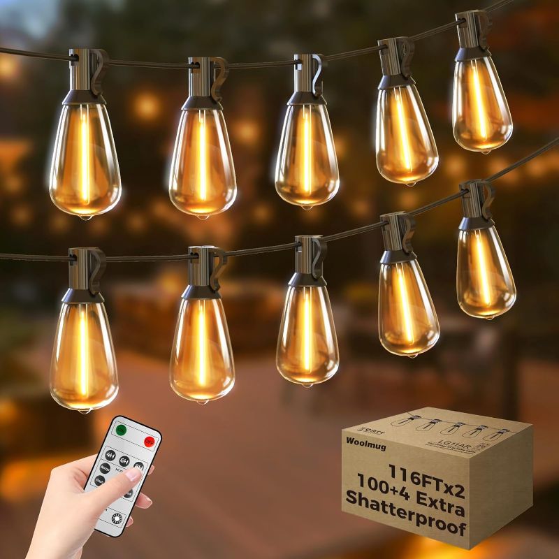 Photo 1 of 


Woolmug Outdoor String Lights Total 232FT Patio Lights with Remote 100+4 Extra Shatterproof ST38 LED Vintage Edison Bulbs, Outside Lights Waterproof for Porch Deck Garden Backyard Balcony?Dimmable?
