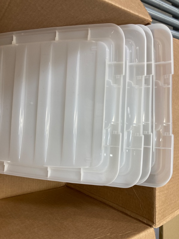 View 3 of IRIS USA 32 Qt Stackable Plastic Storage Bins with Lids, 4 Pack - BPA-Free, Made in USA - Discreet Organizing Solution, Latches, Durable Nestable Containers, Secure Pull Handle - Pearl Pearl 32 Qt. - 4 Pack