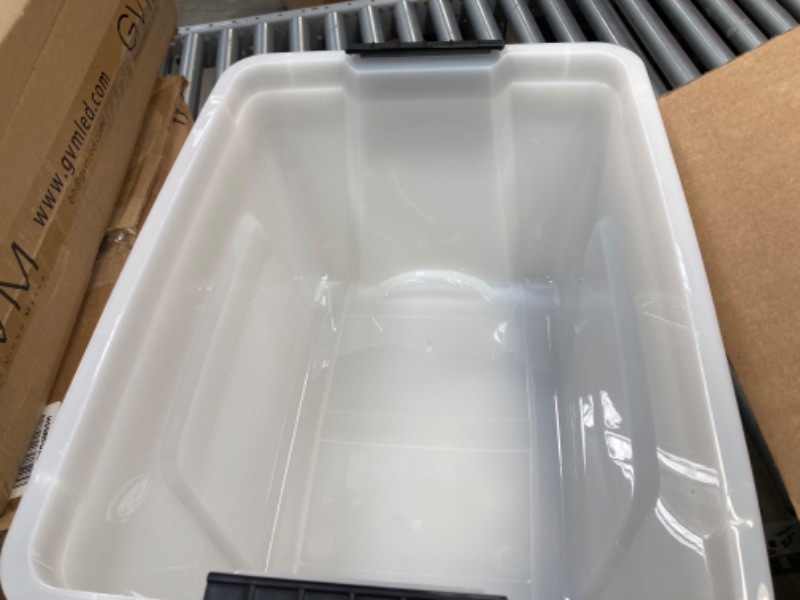 View 4 of IRIS USA 32 Qt Stackable Plastic Storage Bins with Lids, 4 Pack - BPA-Free, Made in USA - Discreet Organizing Solution, Latches, Durable Nestable Containers, Secure Pull Handle - Pearl Pearl 32 Qt. - 4 Pack