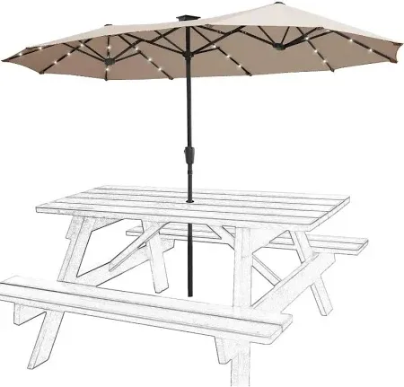 Photo 1 of FREE SOLDIER 13FT Patio Offset Umbrella with 32 LED Lights Solar LED Cantilever Umbrella With Crank and Cross Base Outdoors Hanging Market Patio Umbrellas for Garden Yard Deck Pool Brown