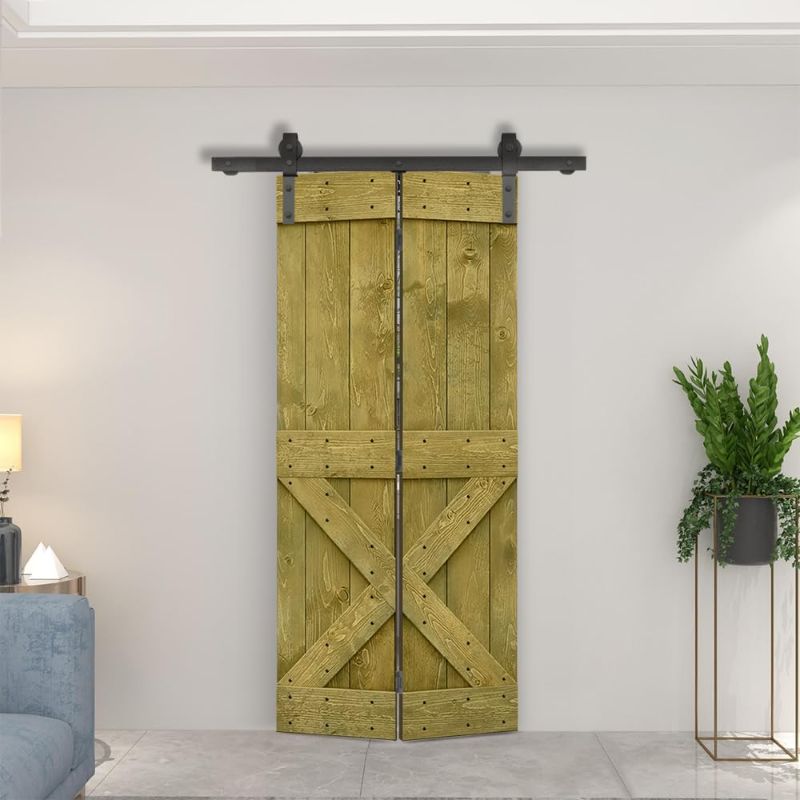 Photo 1 of 
34 in. x 84 in. Mini X Series Jungle Green Stained DIY Wood Bi-Fold Barn Door with Sliding Hardware Kit