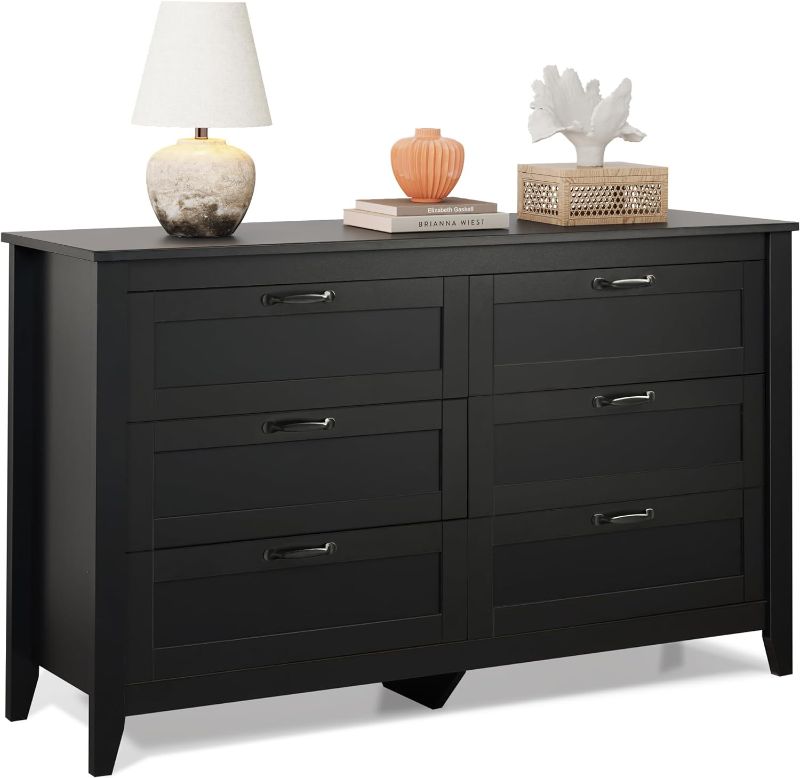 Photo 1 of Black Dresser for Bedroom, 6 Drawer Modern Double Dresser with Invisible Handles, Nursery Dresser Closet Drawers Wood Wide Chest of Drawers Storage Cabinet for Living Room, Entryway