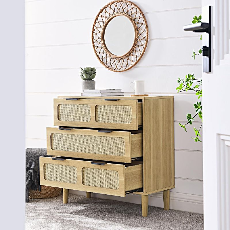 Photo 1 of 3 Drawer Rattan Dresser, Wooden Wide Chest of Drawers, Wood Storage Cabinet for Entryway, Living Room and Hallway, Natural Wood