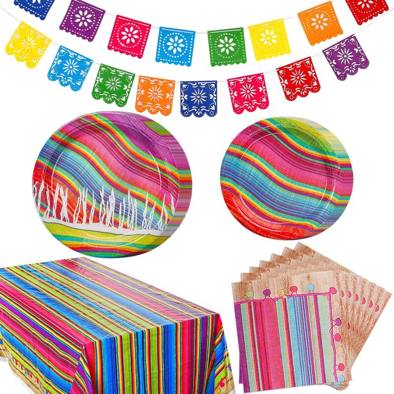 Photo 1 of *** Bundle *** MADHOLLY Mexican Fiestas Party Supplies- Cinco De Mayos Party Decorations with Mexican Party Felt Banners Plates Napkins Tablecloth for Cinco De Mayos Table Decorations Carnivals Event Taco Party (2 packs) 