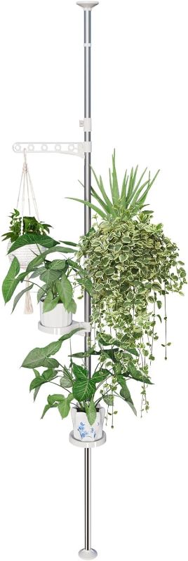 Photo 1 of 4 Tiered Tension Plant Pole: Adjustable Height 35"-72", Indoor/Outdoor Stand with 3 Trays, Hanging Hook, Ideal for Living Room, Balcony, Patio, Window Sill Decor - Grey 3-Tray-Grey