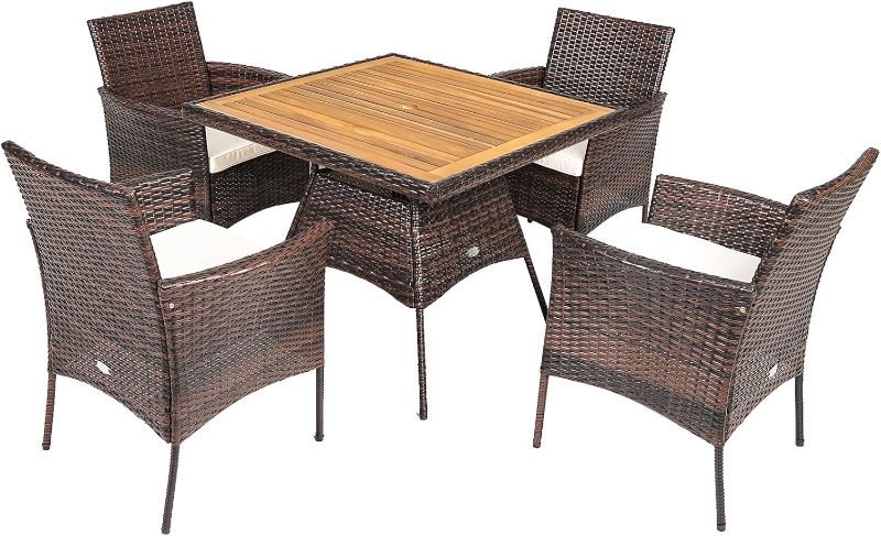 Photo 1 of DORTALA 5-Piece Patio Dining Set, Acacia Wood & Rattan Furniture Set with Umbrella Hole Table, 4