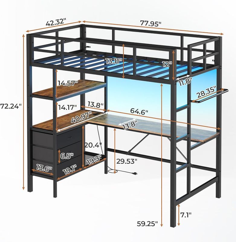 Photo 1 of **2 box set, USE PICTURE AS REFERENCE**DICTAC Twin Metal Loft Bed with L-Shaped Desk, LED Lights,Charging Station LED Loft Bed Frame Twin Size with 3 Storage Shelves and 3 Fabric Drawers, Safety Guard & Ladder, No Box Spring Needed